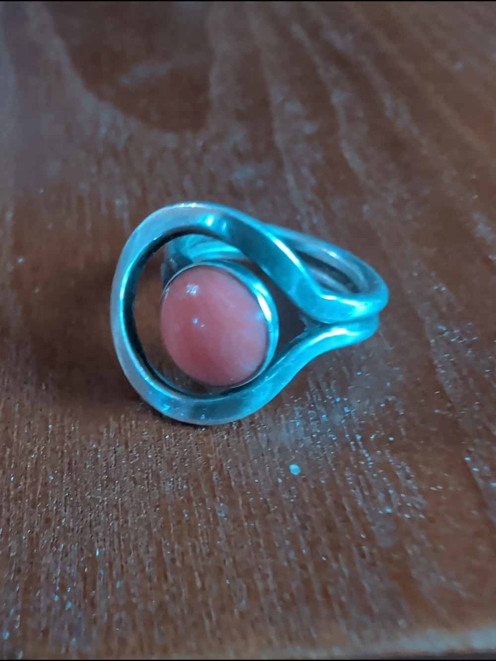Coral Cabochon Sterling Ring. Semi Adjustable Size 5.75-6.75